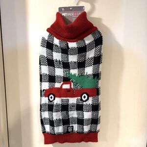 New PetRageous Designs Plaid Dog Christmas Sweater Red Truck Design size Med